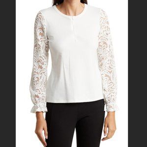 Donna Karan New York Lace Sleeve Quarter Zip Sweater Ivory Medium